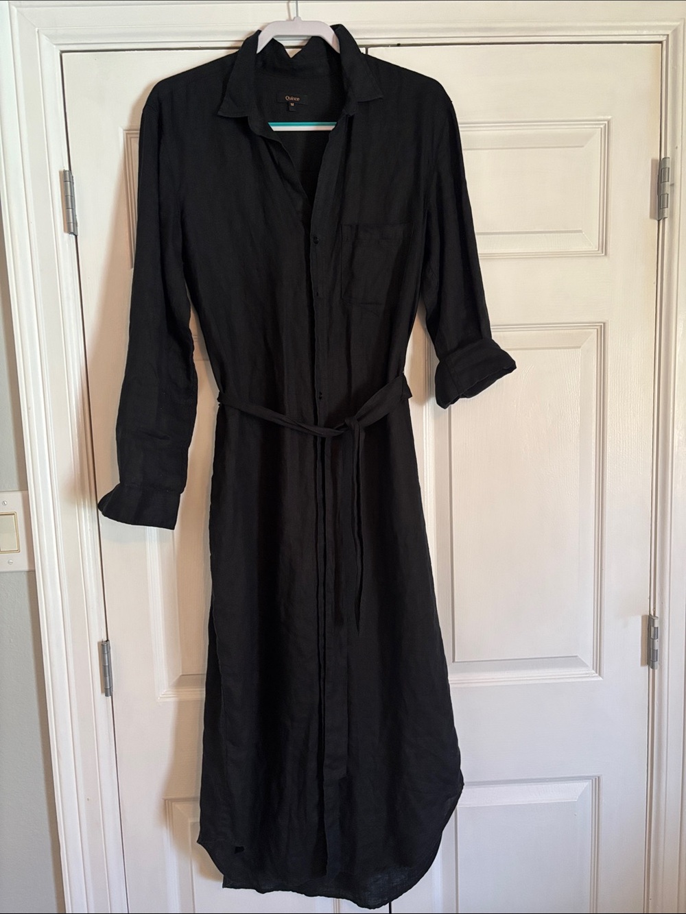 Quince Black Linen Long Shirt Dress with Waist Tie